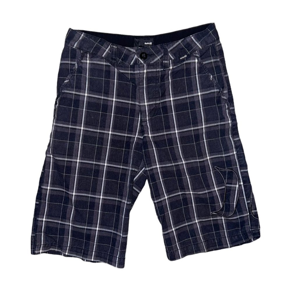 Hurley Black Gray Check Checkered Khaki Skater Shorts Boys 14 28